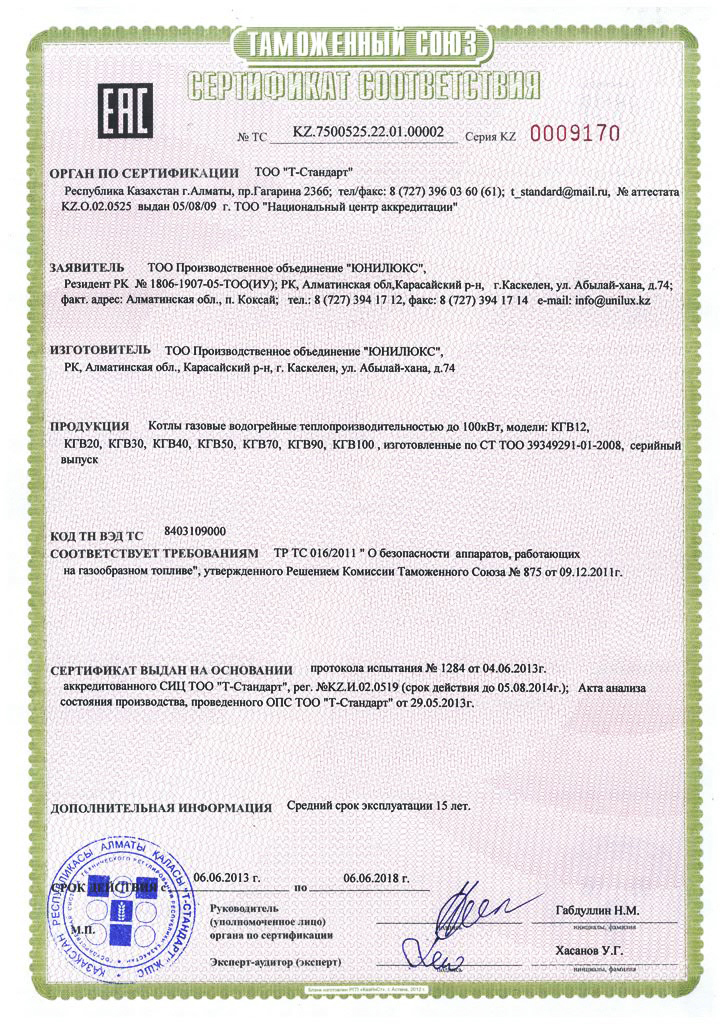 Сертификат котла газового